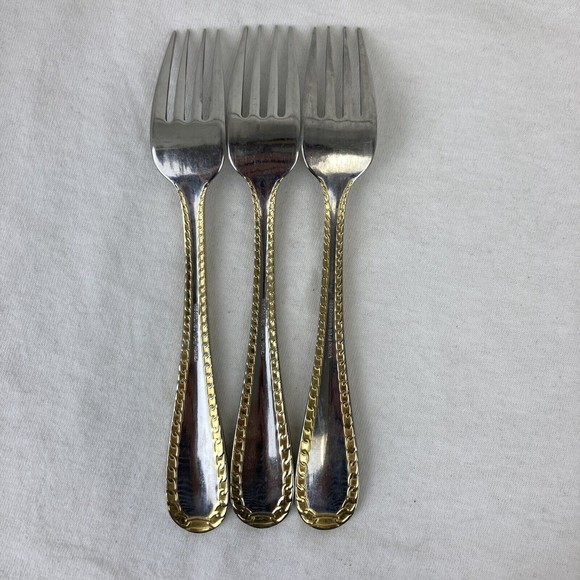 3 Retroneu GOLD ACCENT Chain 7” 18/8 Korea Stainless Dessert Fork Good Quality - Picture 6 of 10